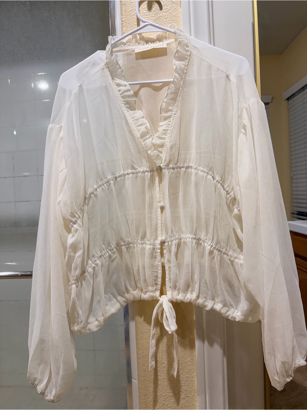 Light Cream Ruffled V-Neck Peasant Blouse